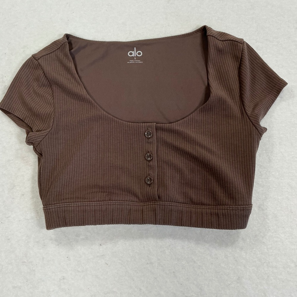 Alo Yoga Ribbed Henley Crop Top Espresso Brown Short Sleeve Size S